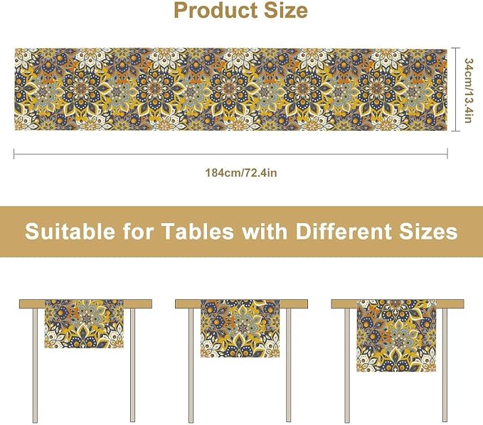 YCness Mandala Floral Table Runner, Retro Colorful Hippie Flowers Boho Table - Image 2