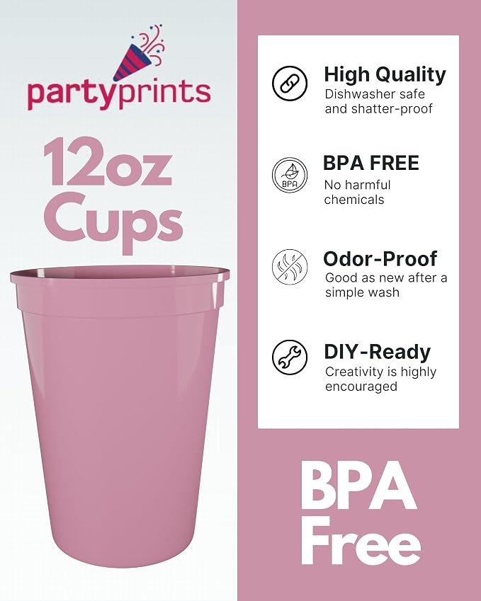 PartyPrints 10 Pack Small 10 to 12 oz Pink Reusable Blank Plastic Cups - Image 3