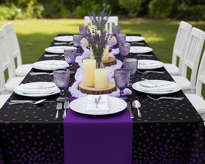 Oudain 6 Pcs Purple and Black Tablecloth for Parties Plastic Dot Tablecloths Printed Table Runner Waterproof Disposable Rectangle Table Cover for Christmas Birthday Wedding Party, 54" x 108"