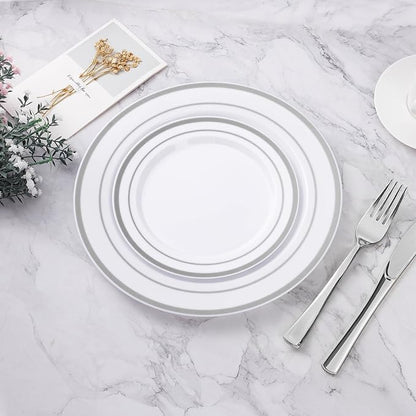 BESTVIP 100PCS Silver Plastic Plates, 10.25 Inch Disposable Dinner Plate Party with Silver Rim for Christmas, Thanksgiving, Heavy Duty Disposable Plastic Plates for Party, Wedding and Birthday, Events