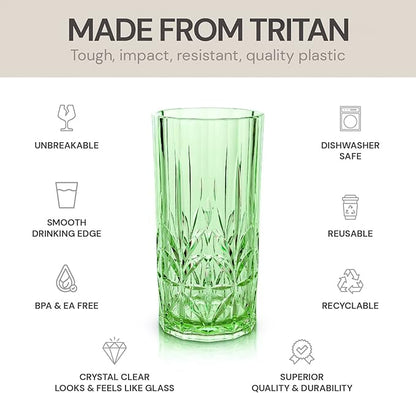 BELLAFORTE Shatterproof Tritan Tall Tumbler, Set of 4, 18oz - Myrtle Beach Drinking Glasses - Unbreakable Plastic Drinking Glasses for Gifting, Parties, New Year - BPA Free - Dishwasher Safe - Green