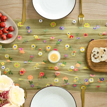 Artoid Mode Green Embroidery Daisy Gauze Table Runner 59x120 Inch 10FT | - Image 2