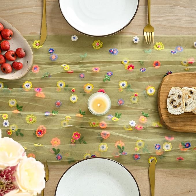 Artoid Mode Green Embroidery Daisy Gauze Table Runner 120 Inch 10FT | Seasonal - Image 2