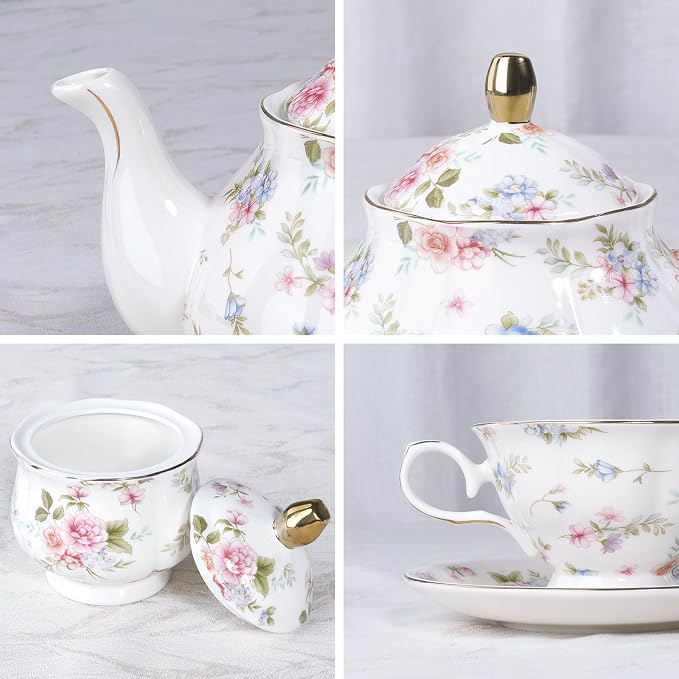 fanquare 21 Pieces Pink Blue Floral Porcelain Tea Set - Image 2