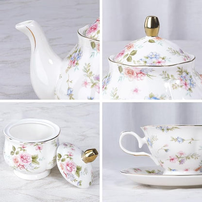 fanquare 21 Pieces Pink Blue Floral Porcelain Tea Set - Image 2