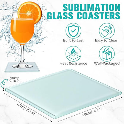 LemonRoad 12 Pcs Sublimation Blank Glass Coasters, 3.9 Inch Square DIY Photo Glass Drink Coasters with Foot Pads for Mugs, Cups, Dining Tables, Office, Kitchen, Home and Parties