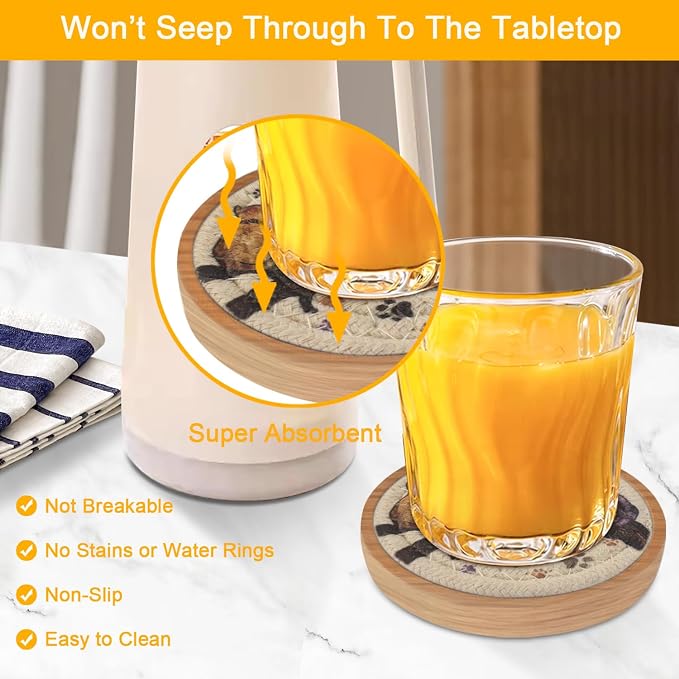 Wood Coasters for Drinks, Eykao Absorbent Coaster Sets of 5, Woven Drink - Image 2