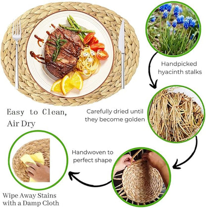 Oval Woven Placemats Set of 6, Natural Water Hyacinth Charger Plates Non-Slip Weave Placemats Farmhouse Straw Braided Rattan Tablemats, Oval Wicker Place Mats for Dining Table