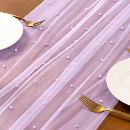 Pearl Table Runner Summer Tulle Gauze Sheer Wedding Party Home Decor | Lilac - Image 2