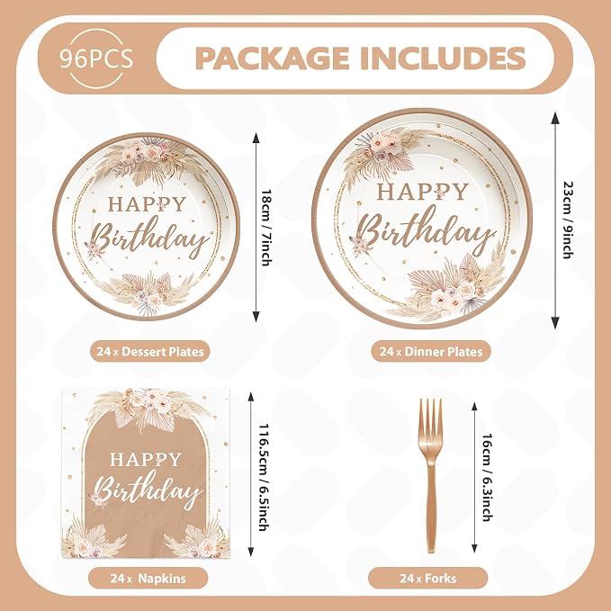 96Pcs Boho Birthday Party Decorations, Serves 24 | Boho Plates and Napkins - Image 3