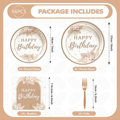 96Pcs Boho Birthday Party Decorations, Serves 24 | Boho Plates and Napkins - Image 3
