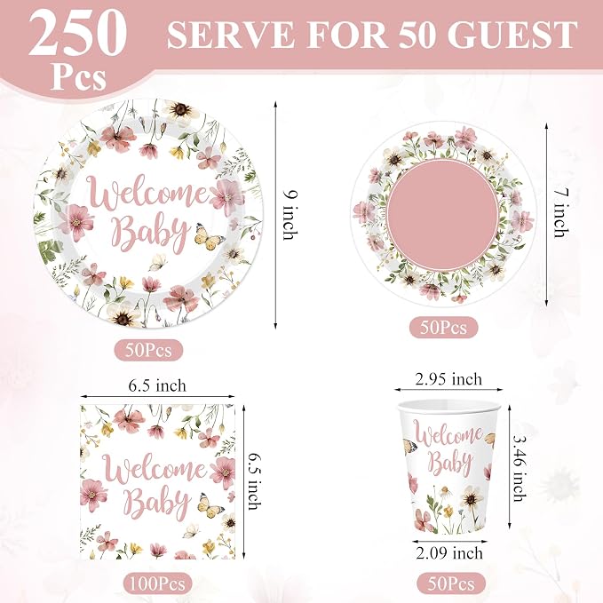 Pickmesh 250 Pcs Pink Floral Baby Shower Party Supplies Decorations Serve 50 - Image 3