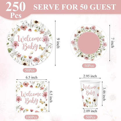 Pickmesh 250 Pcs Pink Floral Baby Shower Party Supplies Decorations Serve 50 - Image 3