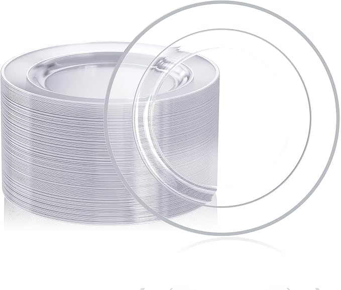 FOCUSLINE 100 Clear Silver Plastic Plates 10 Inch, Disposable Clear Plates by FOCUSLINE