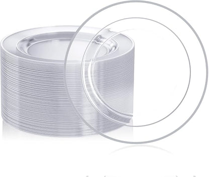 FOCUSLINE 100 Clear Silver Plastic Plates 10 Inch, Disposable Clear Plates by FOCUSLINE