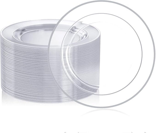 FOCUSLINE 100 Clear Silver Plastic Plates 10 Inch, Disposable Clear Plates by FOCUSLINE