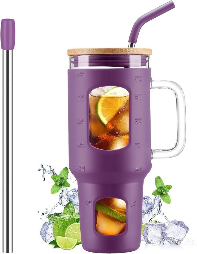 WINSA Glass Tumbler with Straw and Lid, Dark Purple, 40 oz | Iced Coffee Cup by WINSA