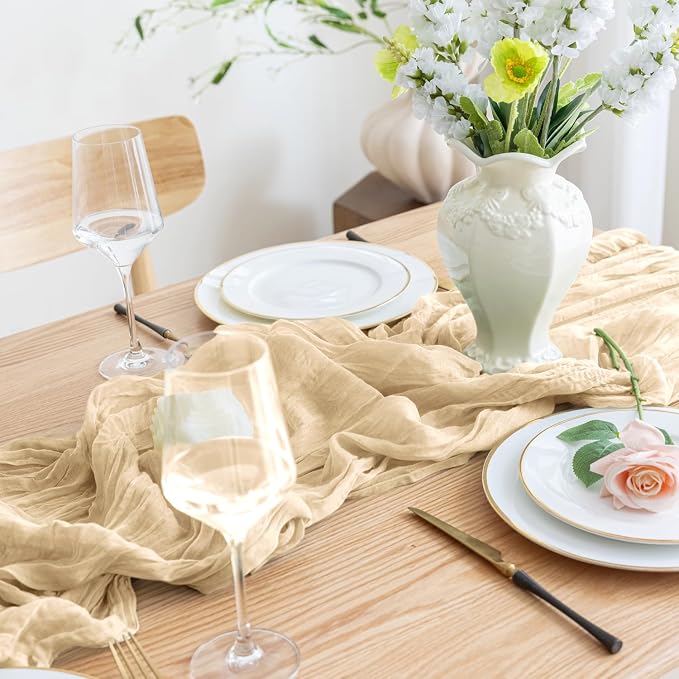 Asee'm Sand Cheesecloth Table Runner 10FT Summer Boho Gauze Sheer Rustic | - Image 6