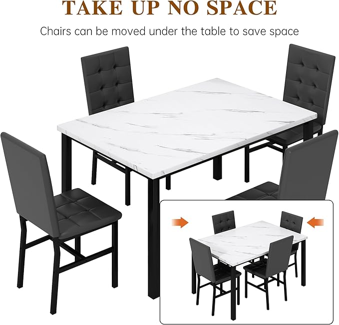 AWQM Dining Table Set for 4,Faux Marble Kitchen Table and Chairs Set of 4, Modern Dining Room Table Set for 4,Dinner Table with 4 Leather Chairs, Dinette Set for Small Spaces (White & Black)