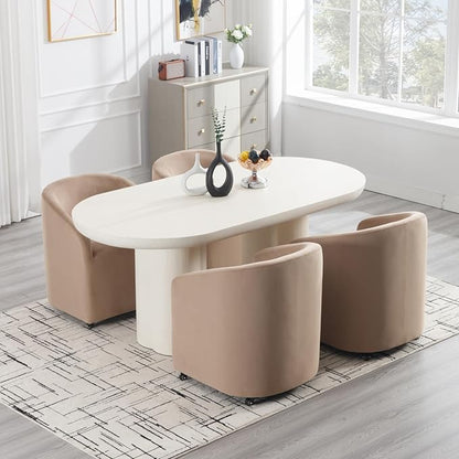 Modern Barrel Dining Chair with Rolling Casters, Upholstered Velvet Swivel Dining Room Chair with Wheels for Kitchen Living Room Home Office, Khaki