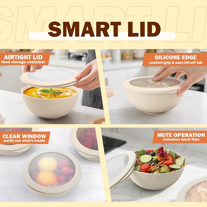 Wheat Straw Bowls Set with Lids, Unbreakable 40 OZ Large Cereal Bowls Set of 4 - Image 4