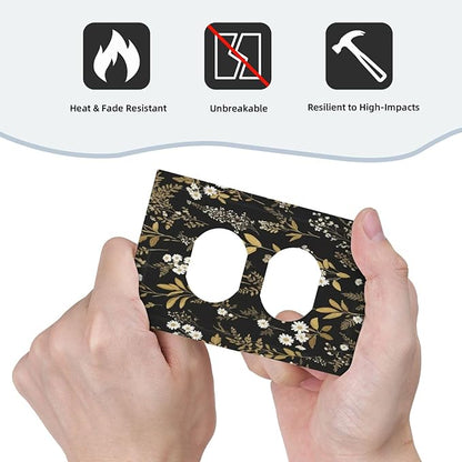 Outlet Covers Black/Gold Boho Botanical Floral Rustic Flowers 1 Gang Duplex Light Switch Cover Plate Decorative Wall Plates Electrical Switchplate Receptacle for Bathroom Kitchen Decor（2 Pack）