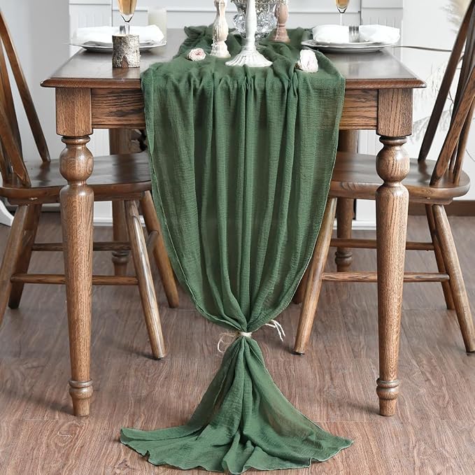Artoid Mode Boho Cheesecloth Gauze Forest Green Wedding Table Runner, 120 Inch - Image 2