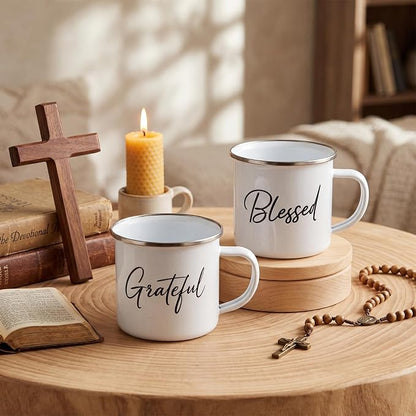 Willinglong 2 Pcs Grateful Blessed Campfire Mug Enamel Coffee Mug Set Thank You - Image 4
