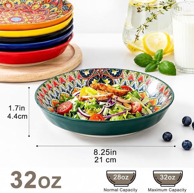 32 oz Pasta Bowls Set of 6, Large Ceramic Colorful Deep Plates, Bohemian Style - Image 3