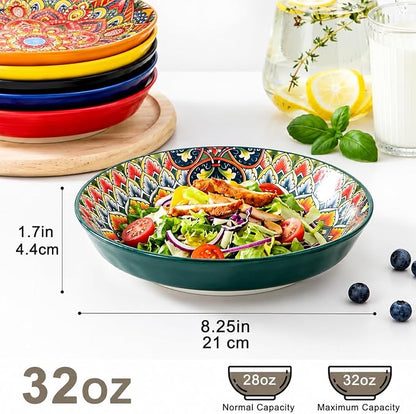 32 oz Pasta Bowls Set of 6, Large Ceramic Colorful Deep Plates, Bohemian Style - Image 3