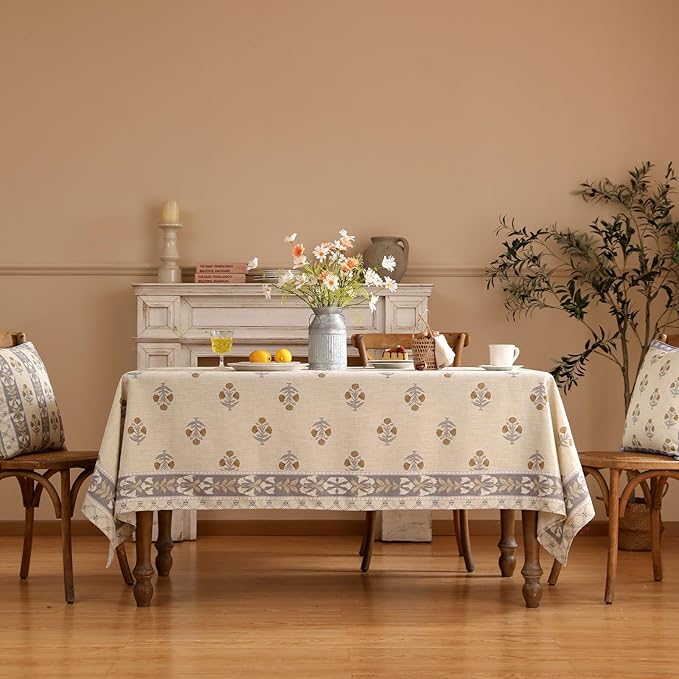 patdrea Designer Beige Long Tablecloth for Rectangle Table,Elegant Linen Floral Pattern French Table Cloth,Decor Cover Cloth for Kitchen Dining Christmas,Thanksgiving,Party,63"x102"-Istana a