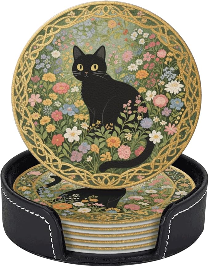6 Pcs Black Cat Flower Drink Coasters - Image 4