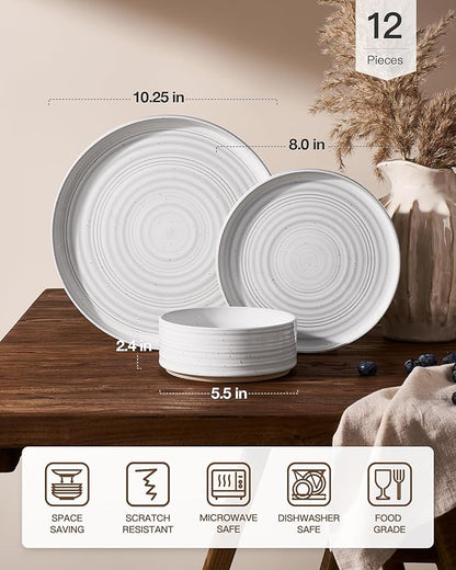 Stoneware Dinnerware Sets, Plate and Bowl Sets for 4, 12 Pieces Spiral Straight Dishware with Speckles and Reactive Glaze, Microwave Dishwasher Safe Family Tableware, White