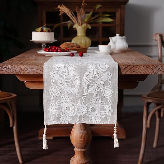 Embroidered Table Runner Boho Farmhouse Dresser Scarf, 4 Tassel Pendants by ARTBLOSS