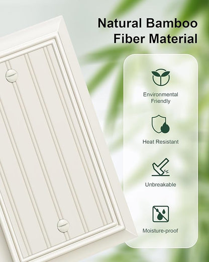 2-Pack Classic Beadboard Single Blank Wall Plate, Durable Natural Bamboo Fiber Wall Plate Cover,Light Almond 1 Gang Wall Plate for Unused Outlets/Switches