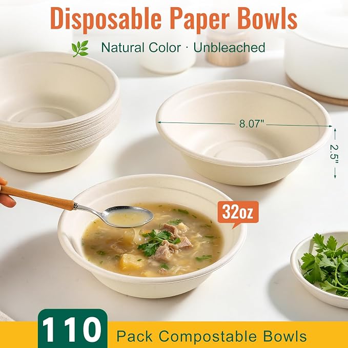 Dynta Paper Bowls 32oz, 110 Pack | Large Compostable Disposable Bowls - Image 2