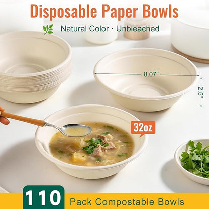 Dynta Paper Bowls 32oz, 110 Pack | Large Compostable Disposable Bowls - Image 2