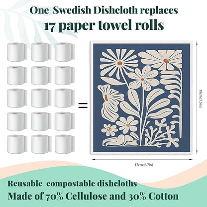 Spring Flower Swedish Dishcloths for Kitchen, Boho Navy Blue Swedish Dish Cleaning Cloths for Floral, 4 Pack Dish Towels for Kitchen, Papaya Reusable Paper Towels Washable