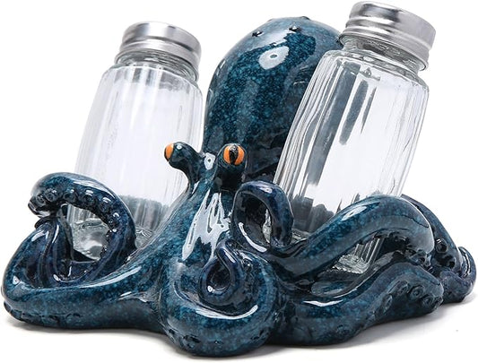 Hodao Octopus With Salt and Pepper Shaker Figurines Decorations Octopus Set with Holder Figurine for Beach Bar or Tropical Kitchen Decor Octopus Table Decorations By Home Gifts (Octopus)