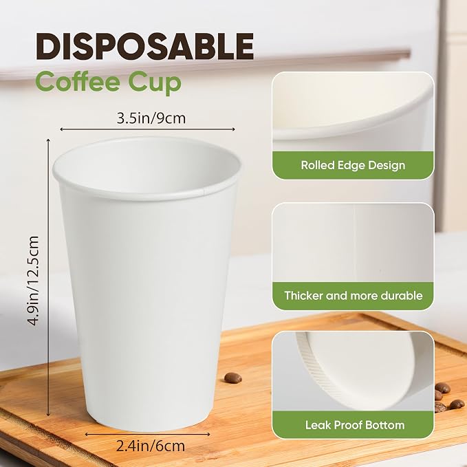 16 oz Paper Cups, 100 Disposable White Coffee Cups - Image 2