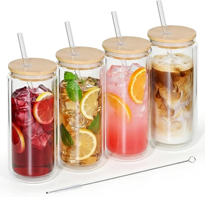 4 Pack Glass Cups with Lids and Straws 16 oz Double Wall Glass Tumbler by FECBK