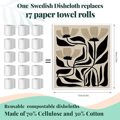 Swedish Dishcloths for Kitchen, Floral Boho Botanical Swedish DishCloths, Papaya Reusable Paper Towels Washable, 4 Pcs Dish Towels for Kitchen Party Home Housewarming Cleaning Cloths