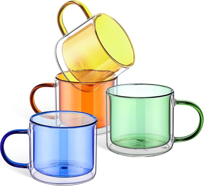 Domensi 4 Pcs Double Wall Coffee Mugs 10 Ounce Milk Glass Mugs by Domensi