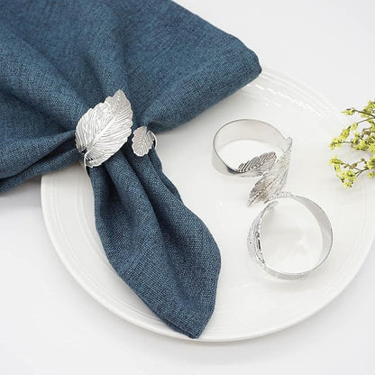 Silver Leaf Napkin Rings Set of 12, Leaves Napkin Rings for Table Setting, Metal Leaf Napkin Holder Rings for Holiday Party, Wedding, Banquet, Formal or Casual Dinning Table Decor (Silver)