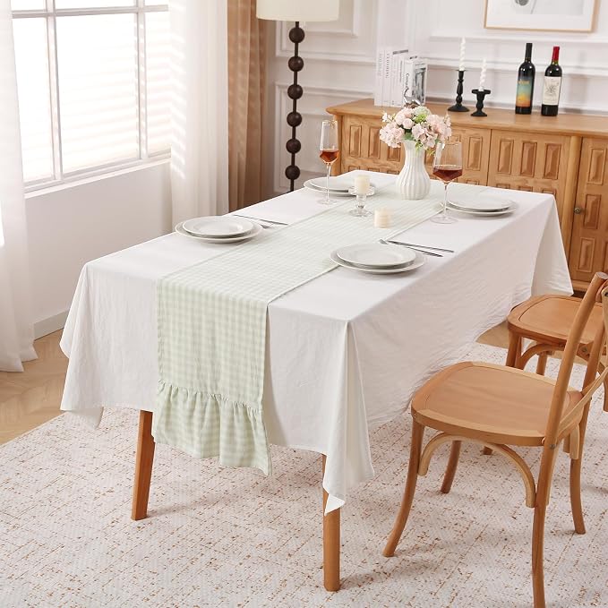 Pile Green White Plaid Gingham Ruffle Table Runner 108 inches Long 100% Washed - Image 2