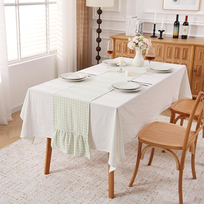 Pile Green White Plaid Gingham Ruffle Table Runner 108 inches Long 100% Washed - Image 2