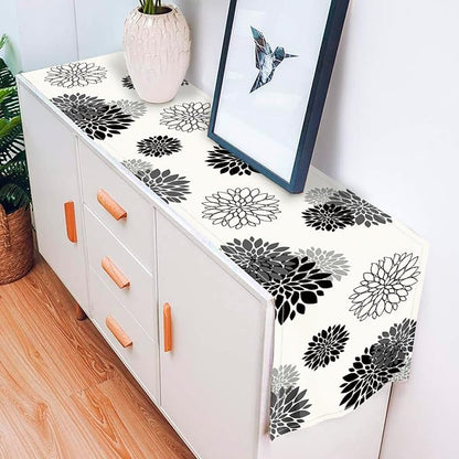 Black Gray Table Runner Dahlia Pinnata Flower Beige Table Runners Modern - Image 4