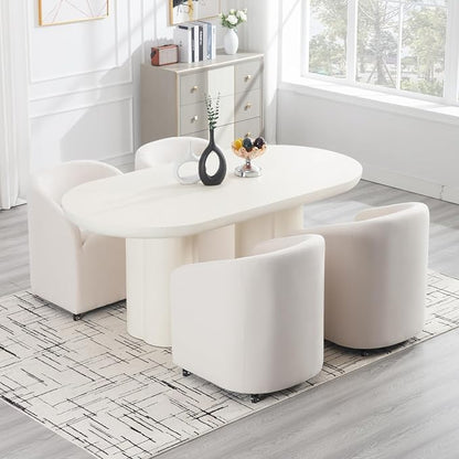 Modern Barrel Dining Chairs with Rolling Casters Set of 4, Upholstered Linen Swivel Dining Room Chairs with Wheels for Kitchen Living Room Home Office, Beige