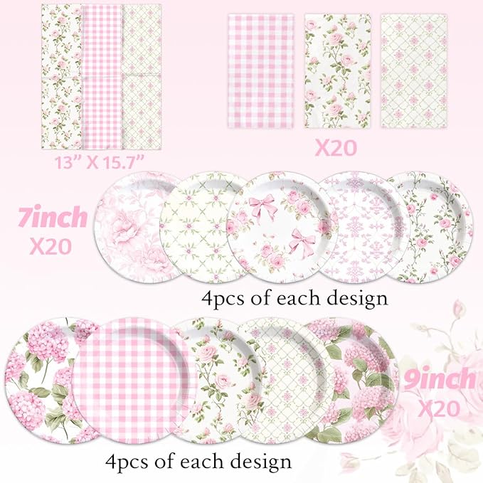 60Pcs Floral Plates and Napkins-Girls Pink Party Supplies Vintage Flower Tea - Image 4