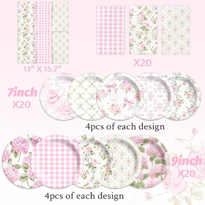 60Pcs Floral Plates and Napkins-Girls Pink Party Supplies Vintage Flower Tea - Image 4